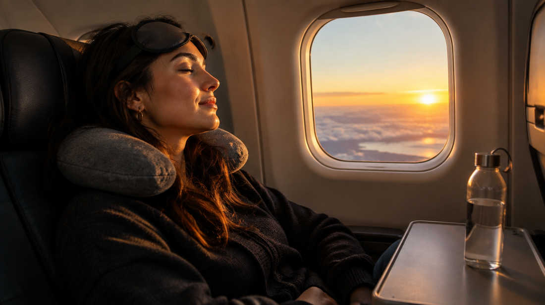 Reisender ruht am Flugzeugfenster bei Sonnenaufgang auf einem Langstreckenflug